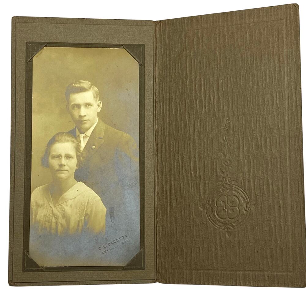 Antique Folding Framed Portrait Photo Card Couple 1910s C.L. Daggett Seymour WI